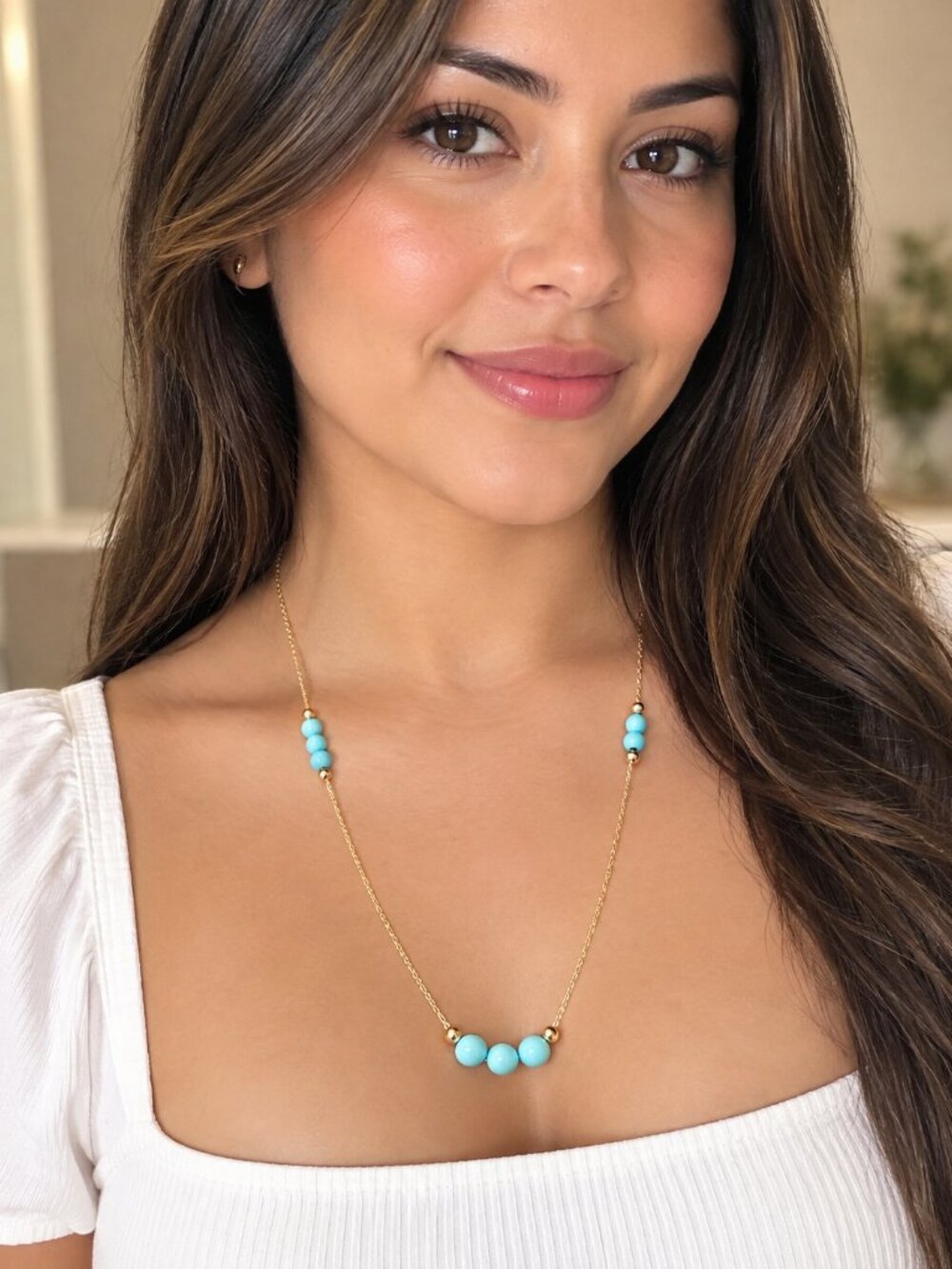 Turquoise Station Necklace 10K Gold Minimal Layering Chain  18 1/8 length